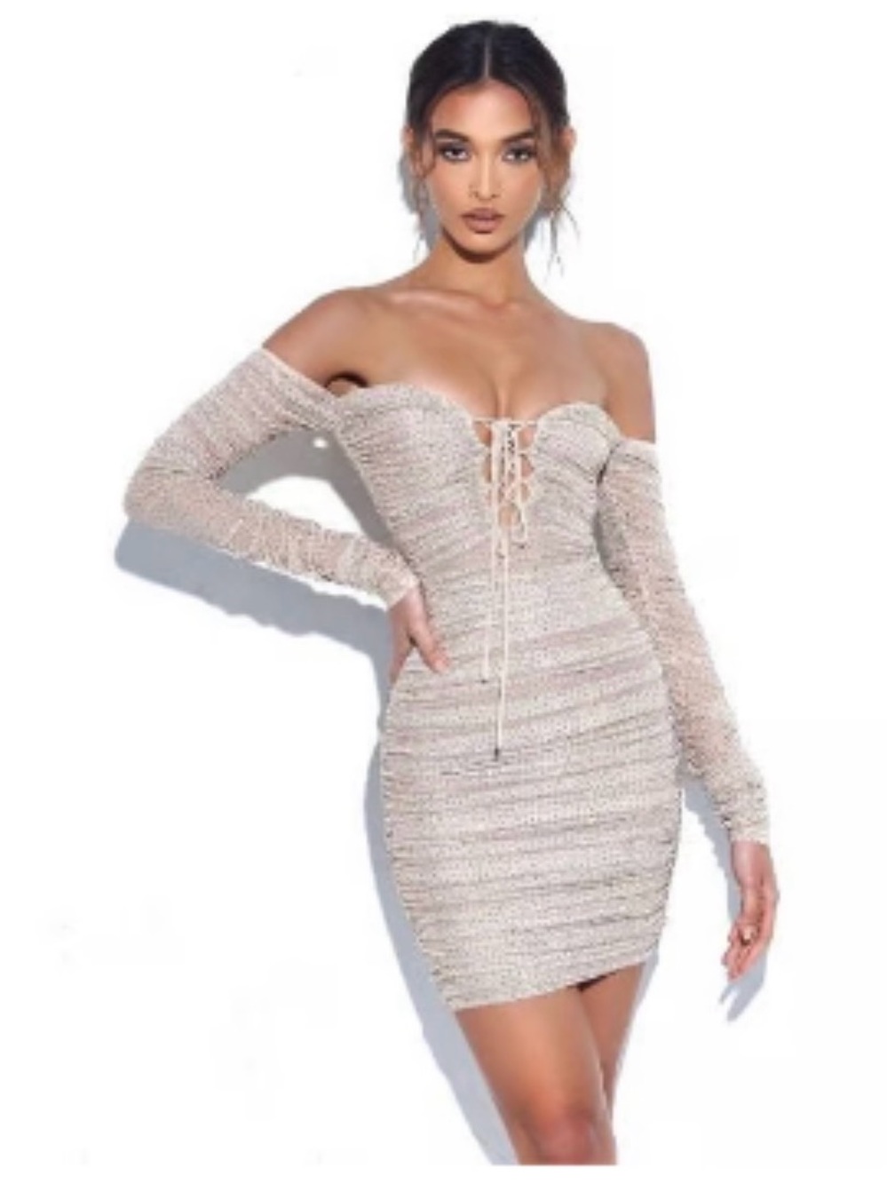 Miss Circle Bianca Off-Shoulder Lace-Up Bodycon Mini Dress in Light Beige